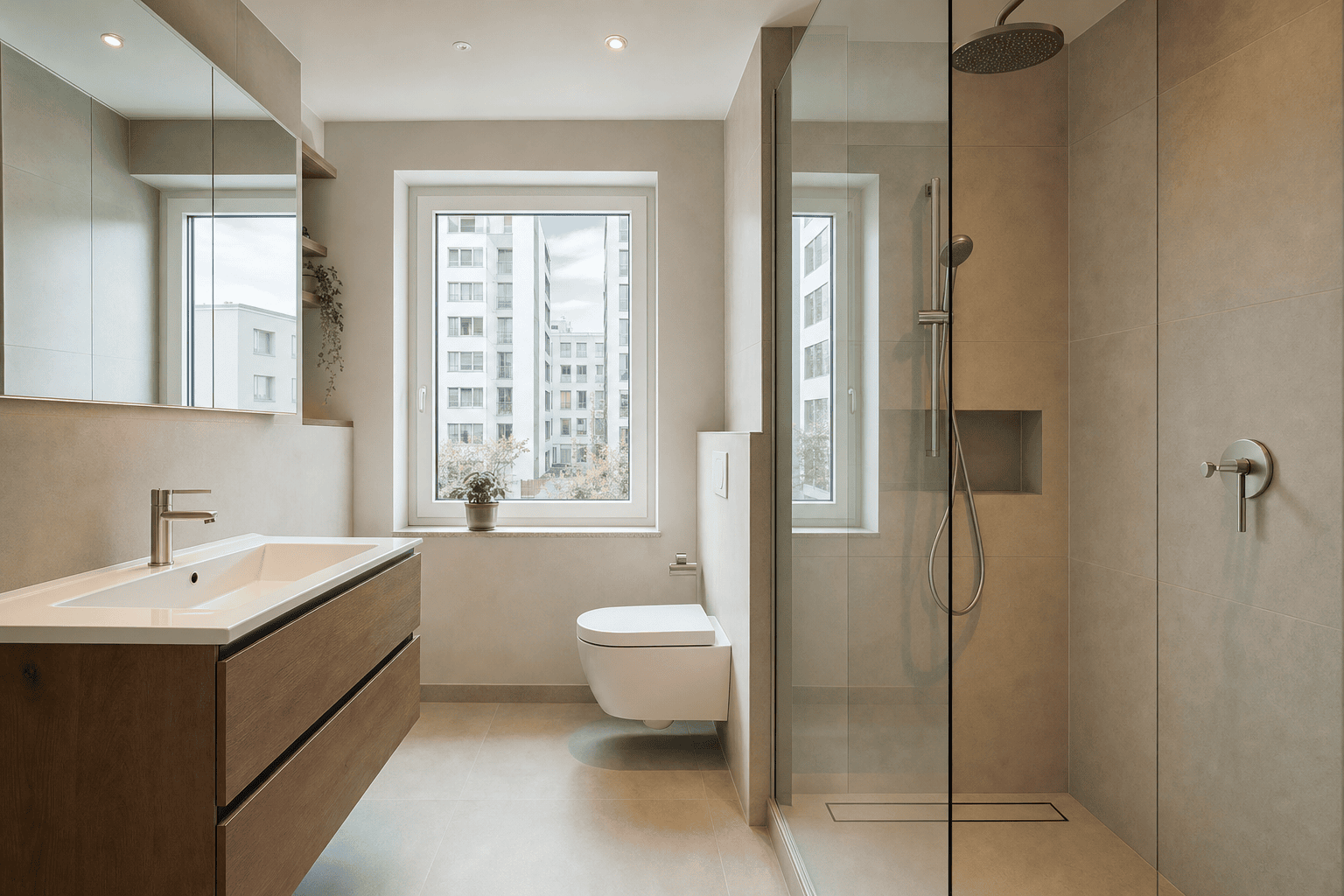 Modernisiertes Badezimmer in einer Frankfurter Wohnung mit bodengleicher Dusche und hochwertigen Fliesen