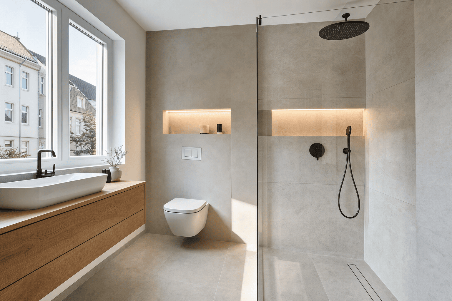 Modernisiertes Badezimmer mit bodengleicher Dusche und präzise ausgeführten Oberflächen in einer Frankfurter Wohnung