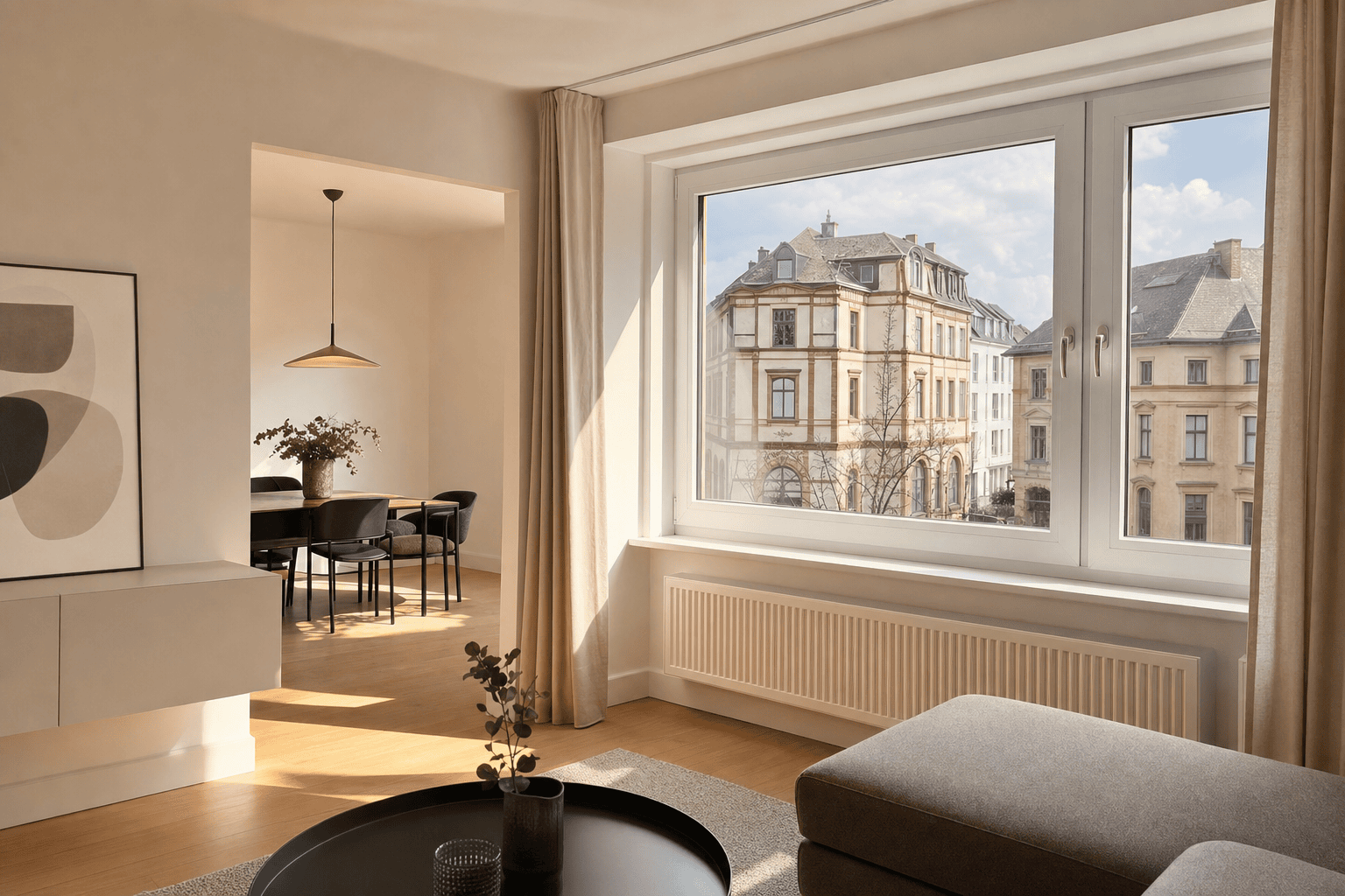 Heller Wohnraum nach energetischer Modernisierung mit neuem Fenster und sauberen Anschlüssen