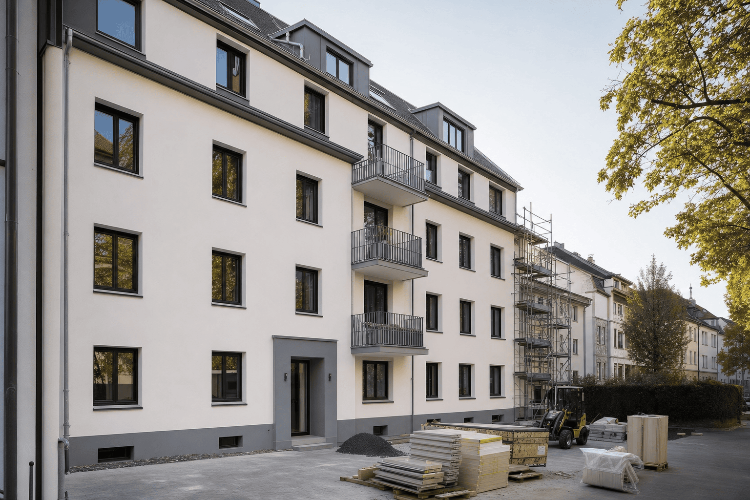Energetisch modernisiertes Wohngebäude in Frankfurt mit gedämmter Fassade und neuen Fenstern