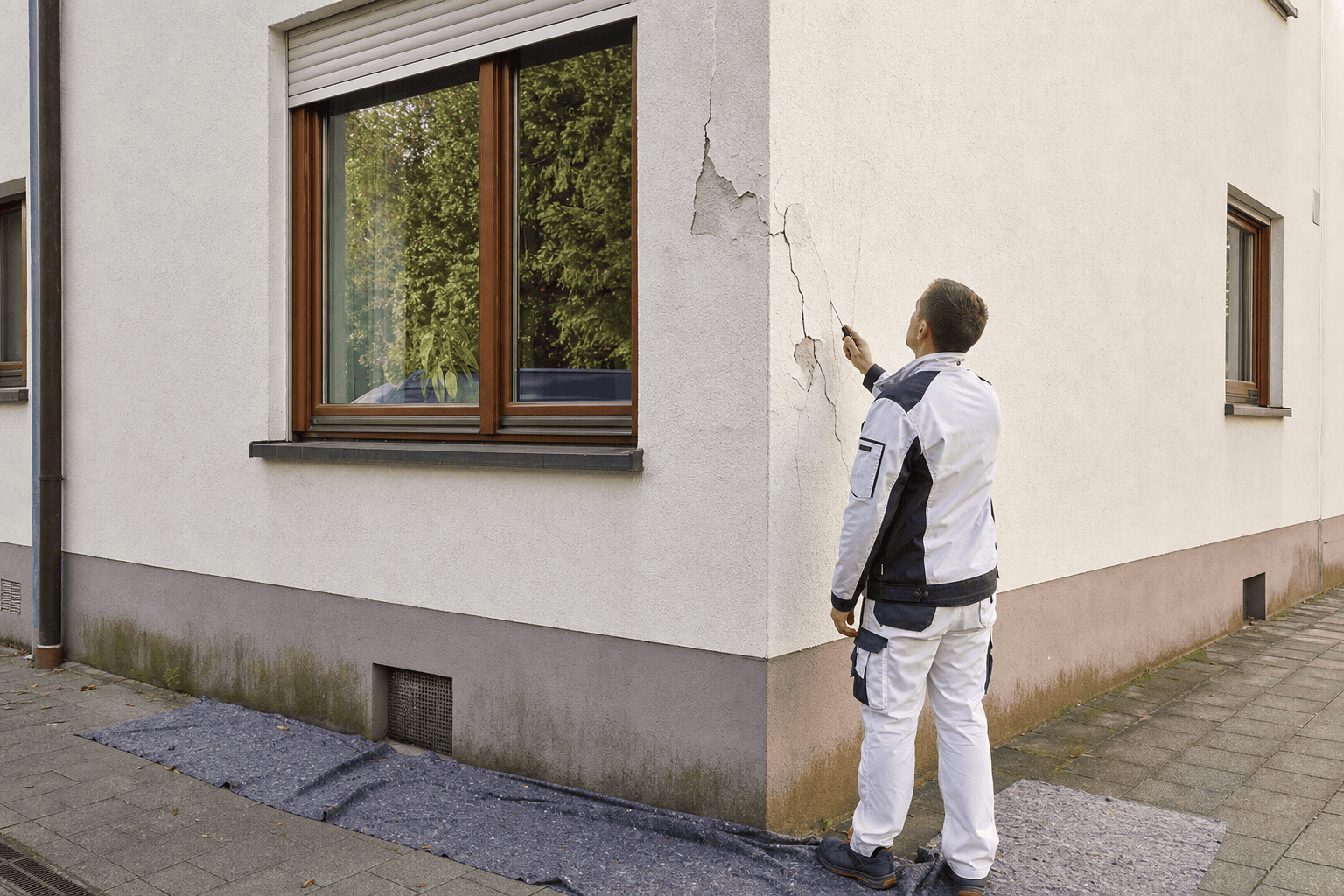 Bestandsaufnahme mit Rissen und Feuchtespuren an einer Frankfurter Gebäudefassade