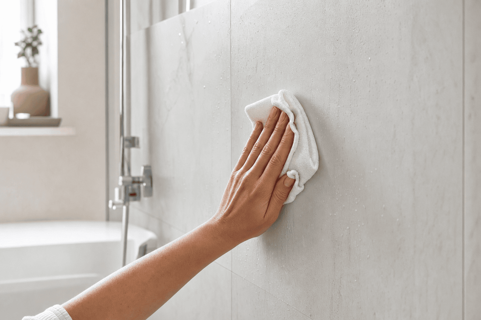 Nahtlose Badwand wird mit einem Tuch gereinigt