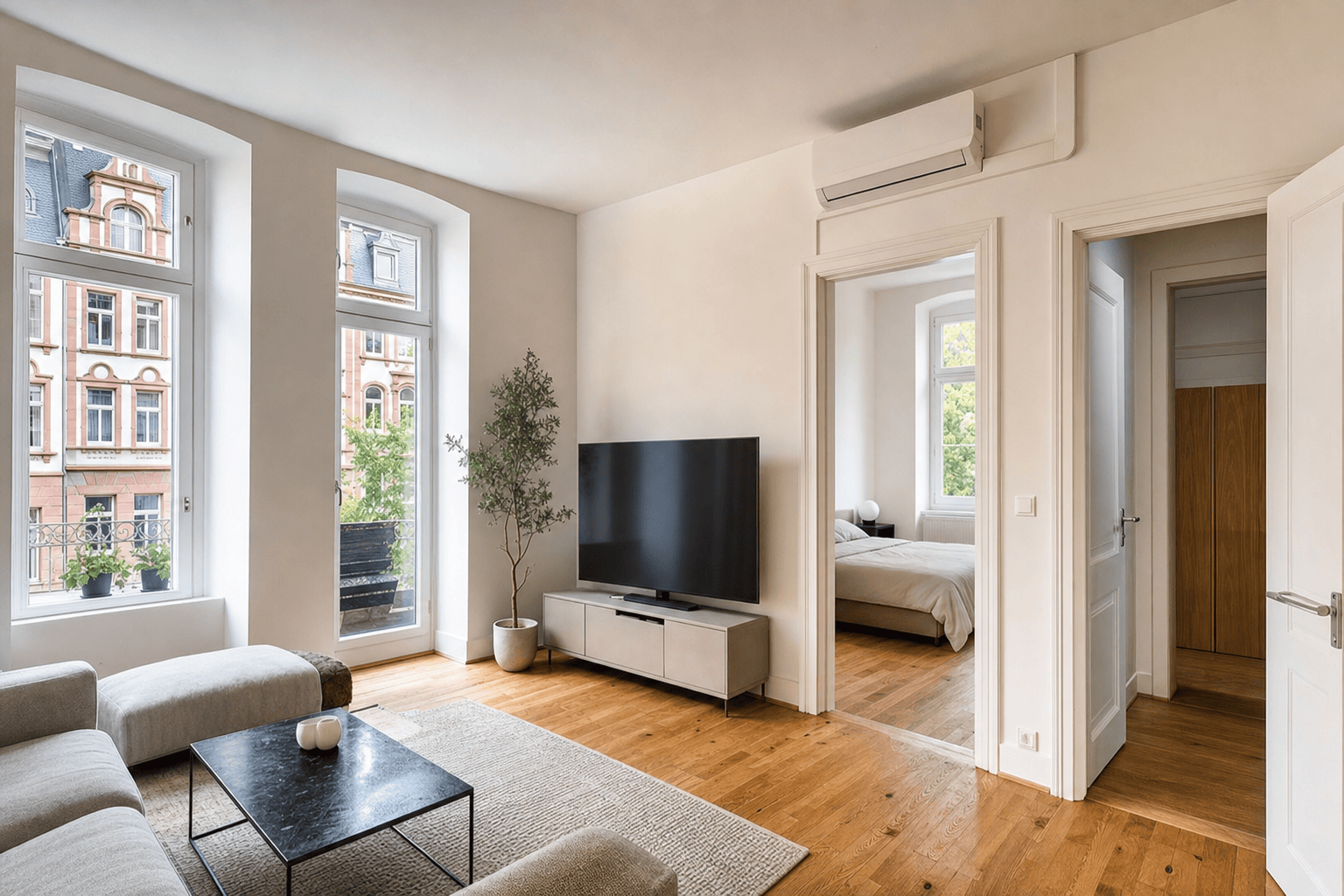 Dezent installierte Klimaanlage in einer hellen Frankfurter Wohnung