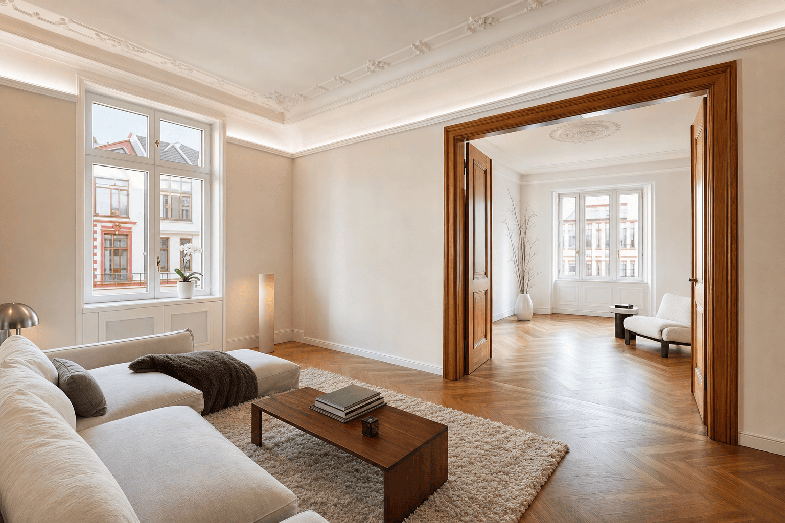 Frisch renovierter Altbau-Innenraum in Frankfurt mit sauber gestrichenen Wänden und restaurierten Details