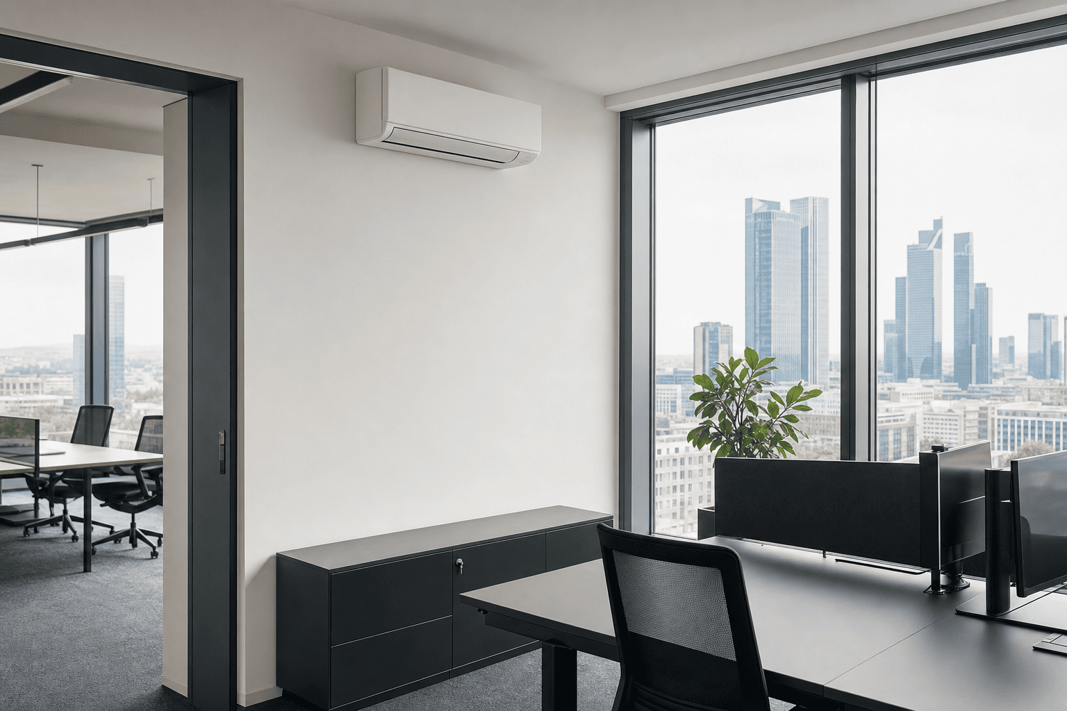 Fachgerecht montiertes Innengerät einer Split-Klimaanlage im Büro
