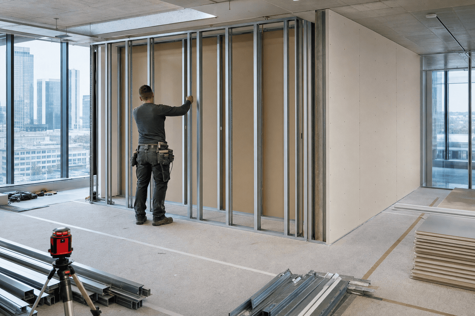 Metallständerwerk für eine neue Trockenbauwand in einem Frankfurter Büro