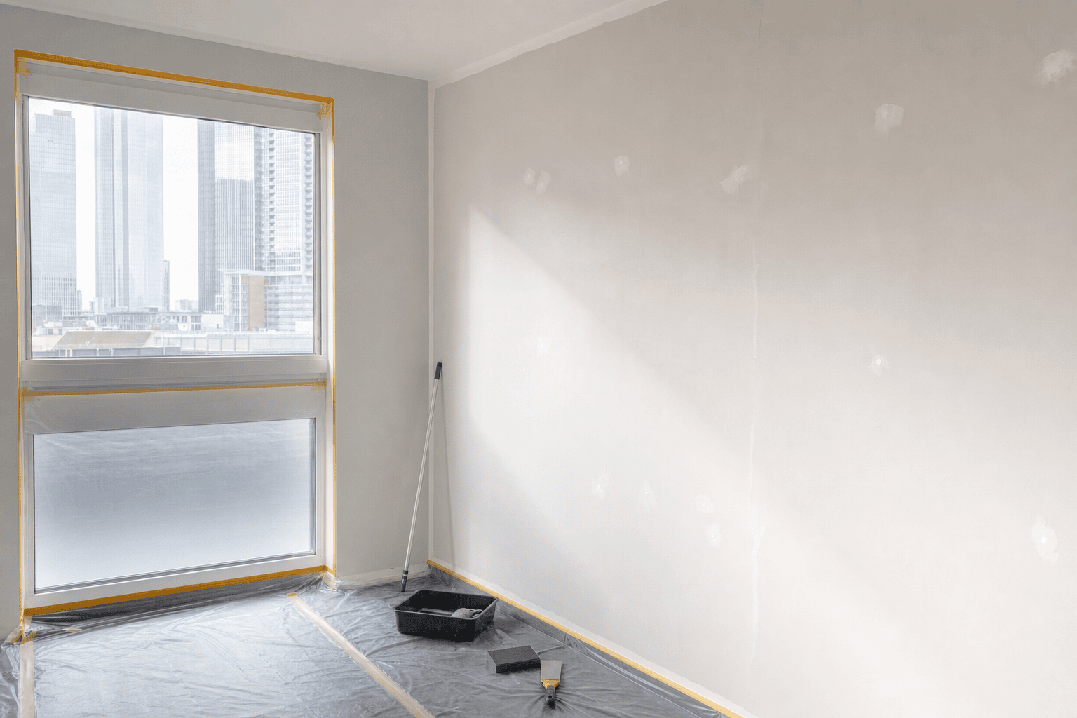 Vorbereitete Wand mit ausgebesserten Rissen und sauber abgeklemmtem Fenster